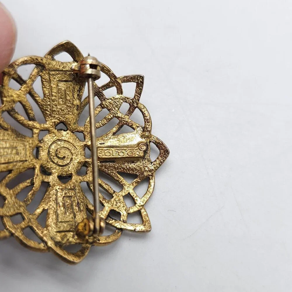 Vintage Sol D'or Celtic Knot Brooch With Multicolor Stones Gold Tone Pin